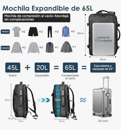 Mochila de viaje 65L Expandible Impermeable con compresion al vacio y bomba electrica