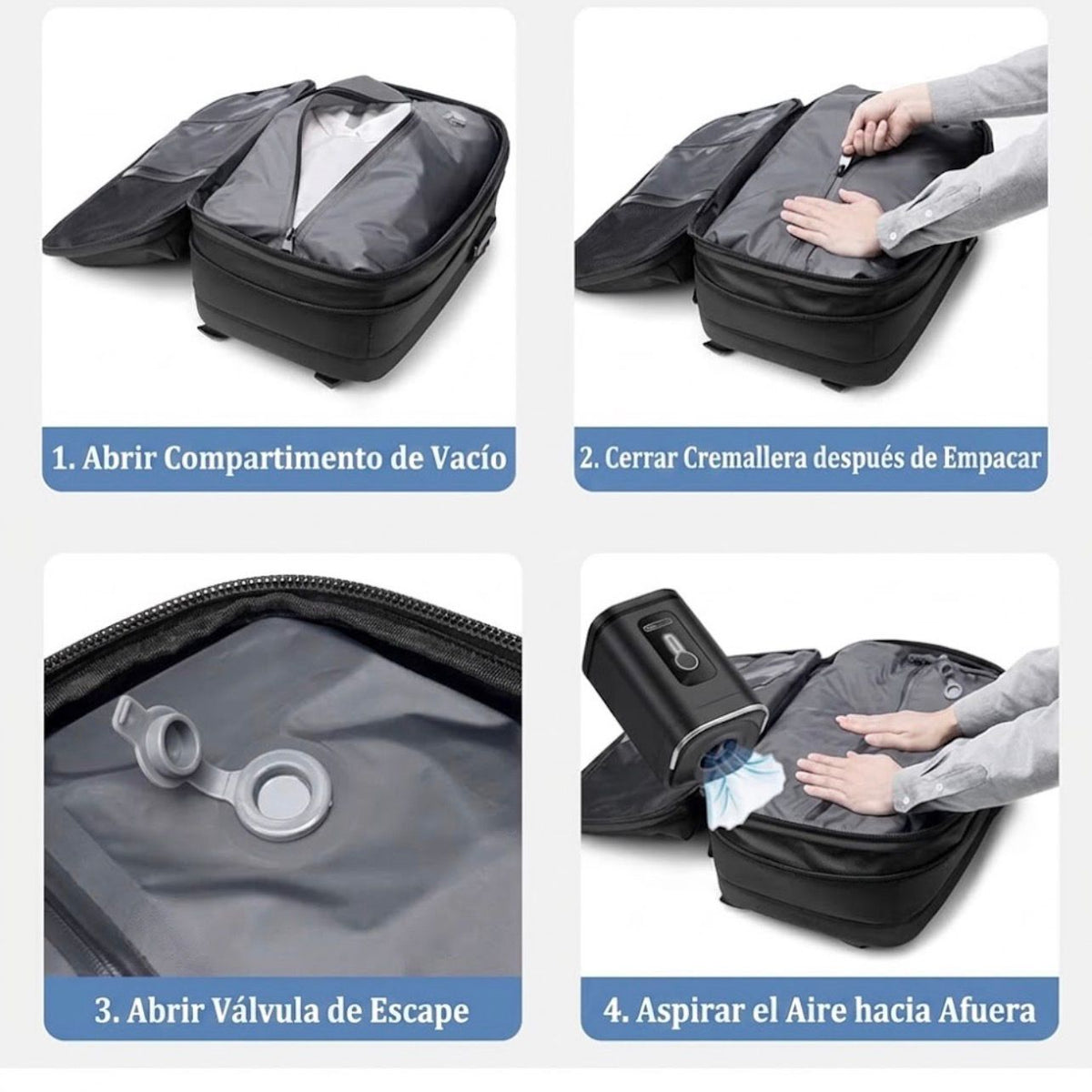 Mochila de viaje 65L Expandible Impermeable con compresion al vacio y bomba electrica